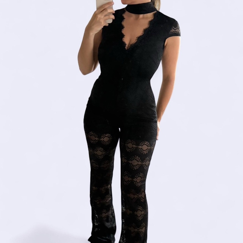 Bebe Black Lace Trim Jumpsuit with Sheer Panels